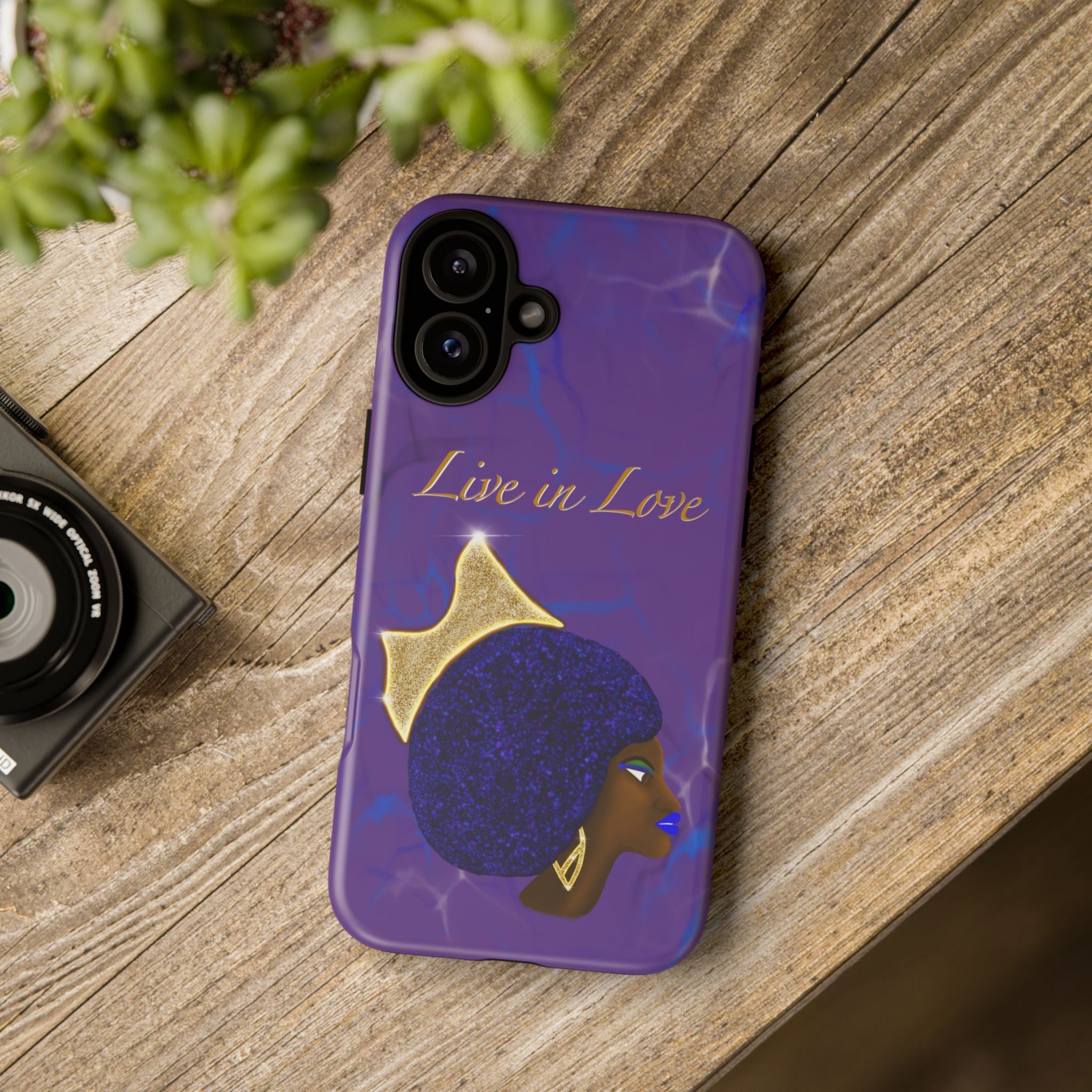 Live In Love Crowned Galaxy Afro Sticker — Black Queen with Gold Crown