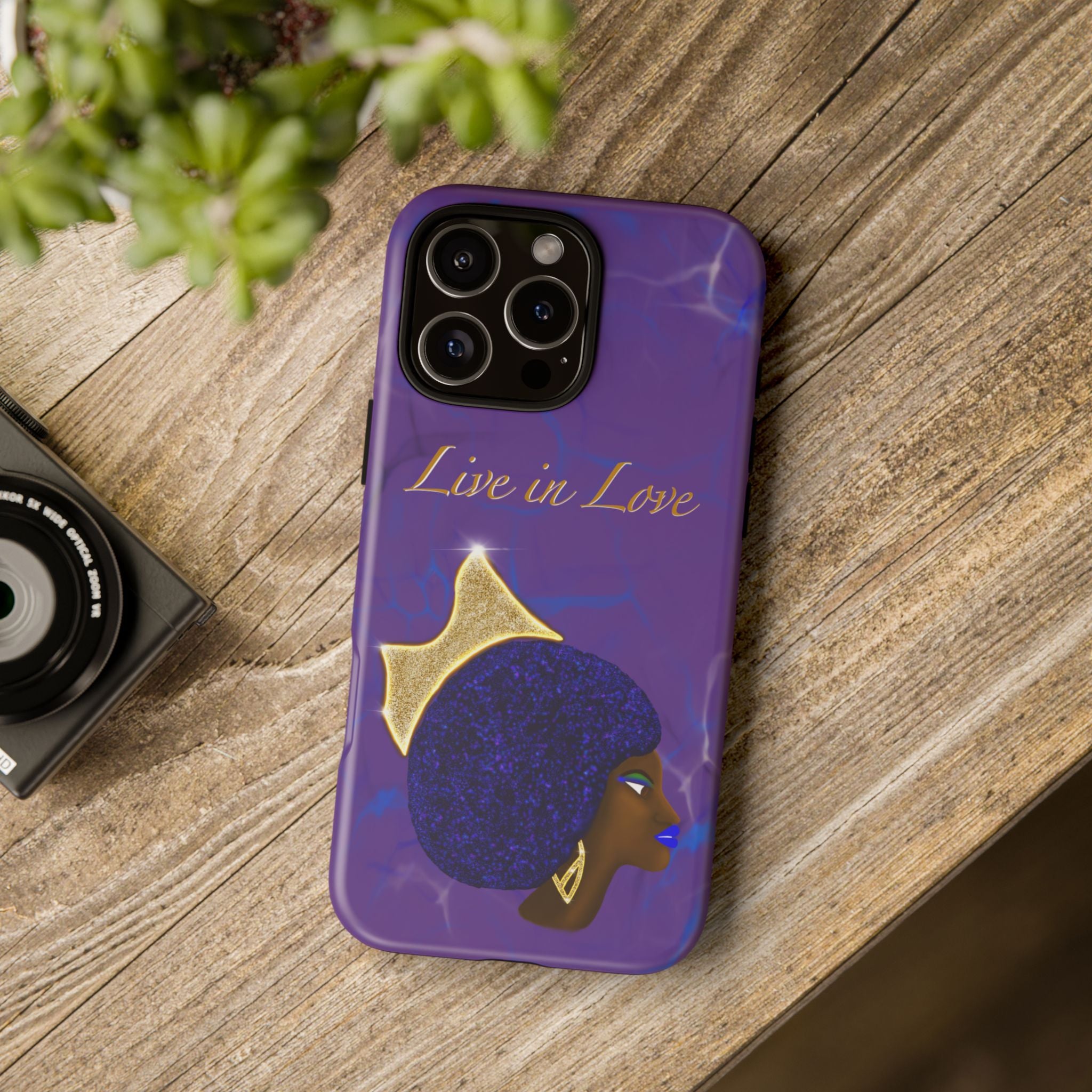 Live In Love Crowned Galaxy Afro Sticker — Black Queen with Gold Crown